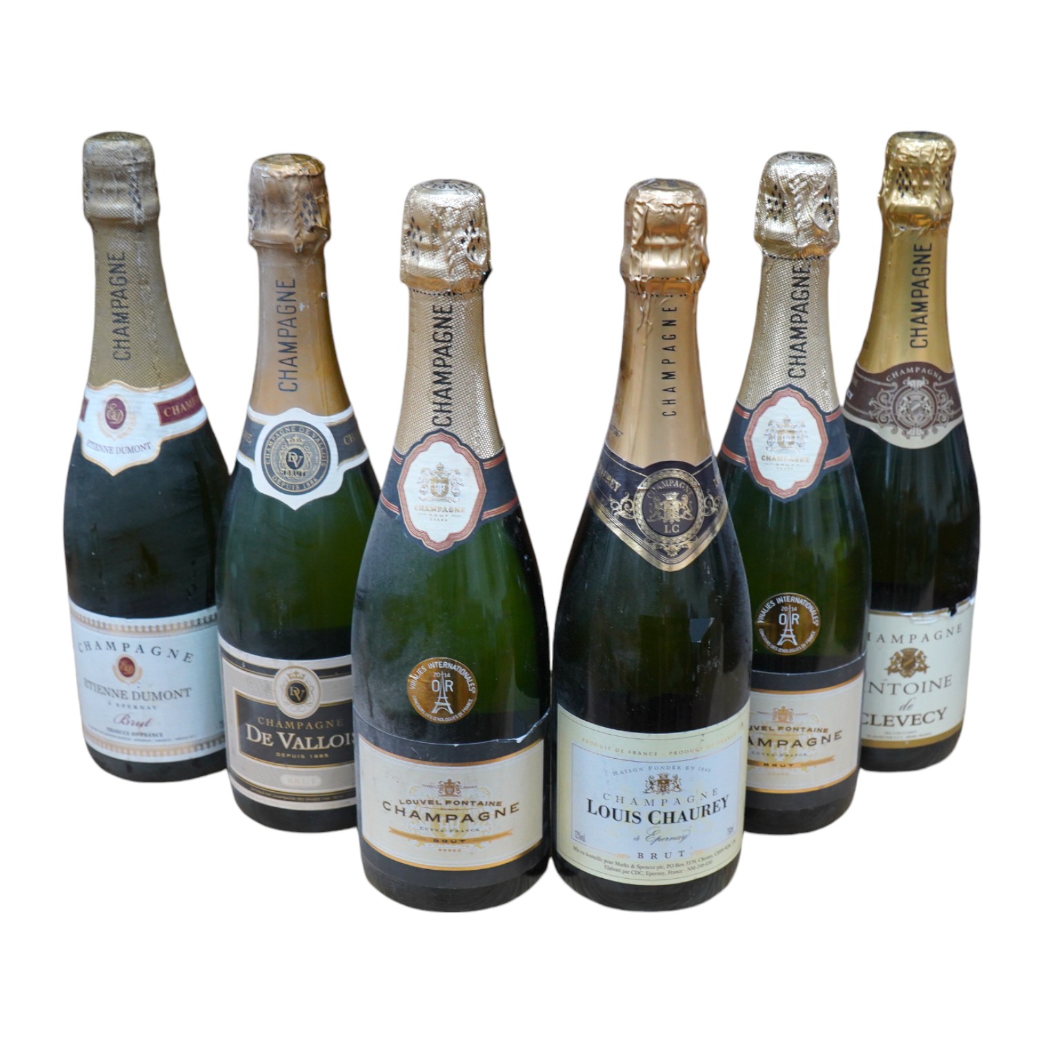 Six assorted non vintage champagnes to include De Vallois and Louvel Fontaine. Condition - good, storage history unknown